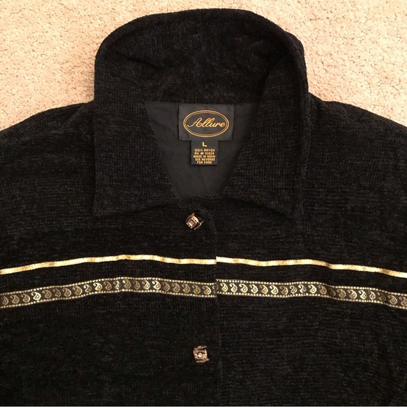 Allure Black Chenille Jacket Womens Size Large Metallic Gold Ribbon Trim - Picture 2 of 10